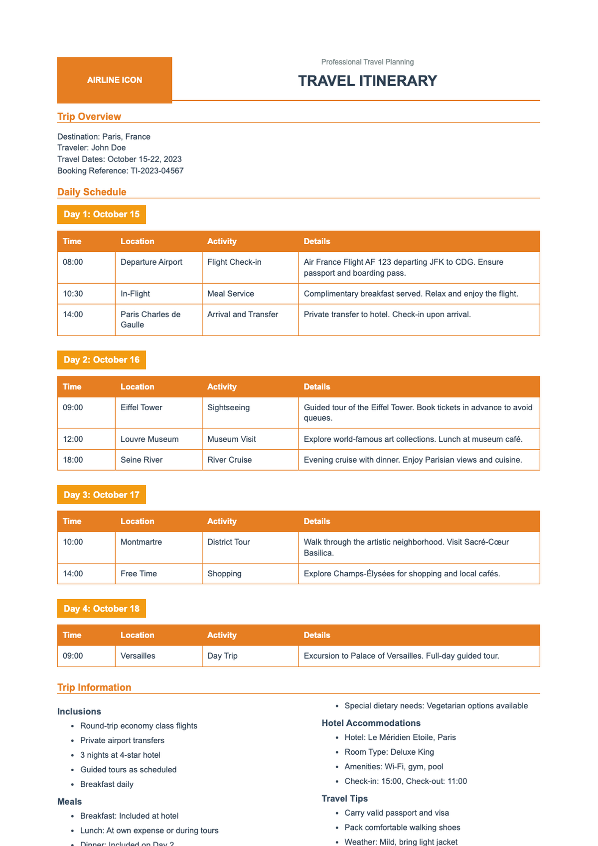 Professional travel itinerary template with daily schedule and orange accents_variant_1